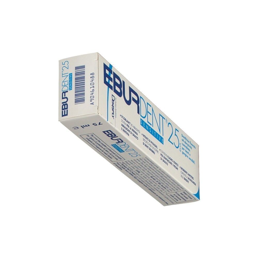 Retro della confezione del dentifricio Eburdent 25 Sensitive con codice a barre e informazioni prodotto.
