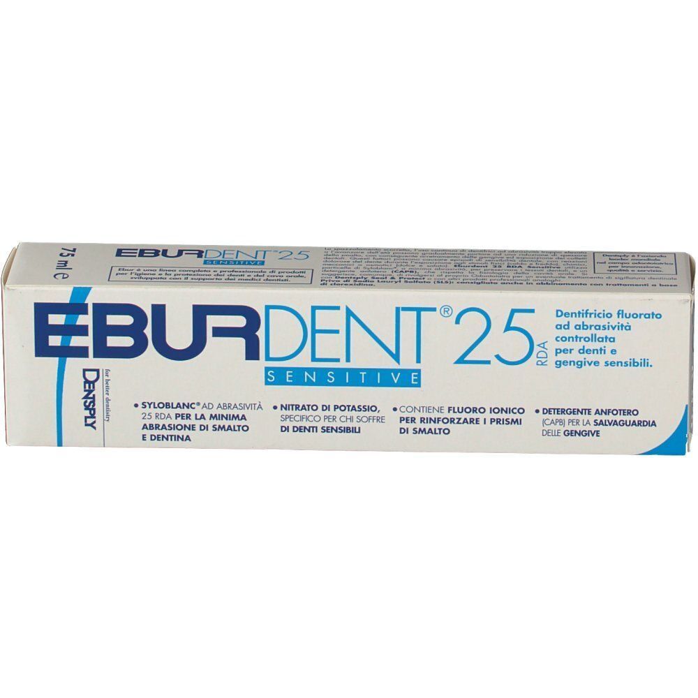 Confezione dentifricio Eburdent 25 Sensitive, fronte con dettagli su fluoruro e area di applicazione.