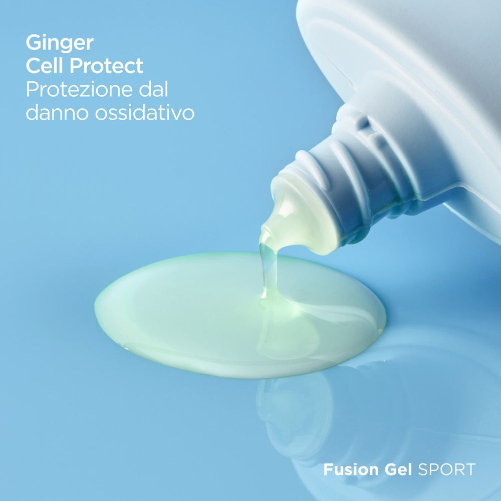 Il gel ISDIN Fotoprotettore Corpo Fusion Gel Sport SPF 50 gocciola dal flacone.