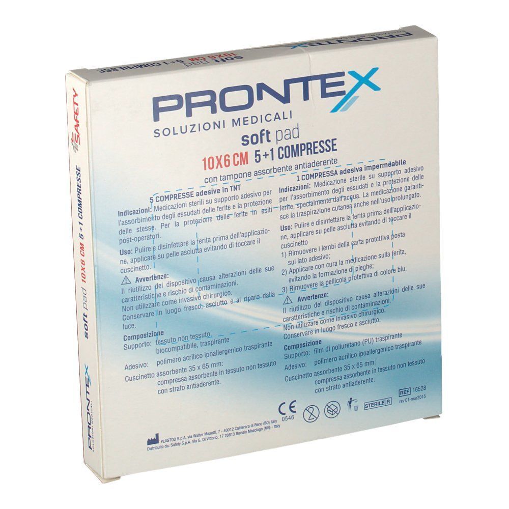 Retro della confezione Prontex Soft Pad Compresse, 10x6 cm, con istruzioni.