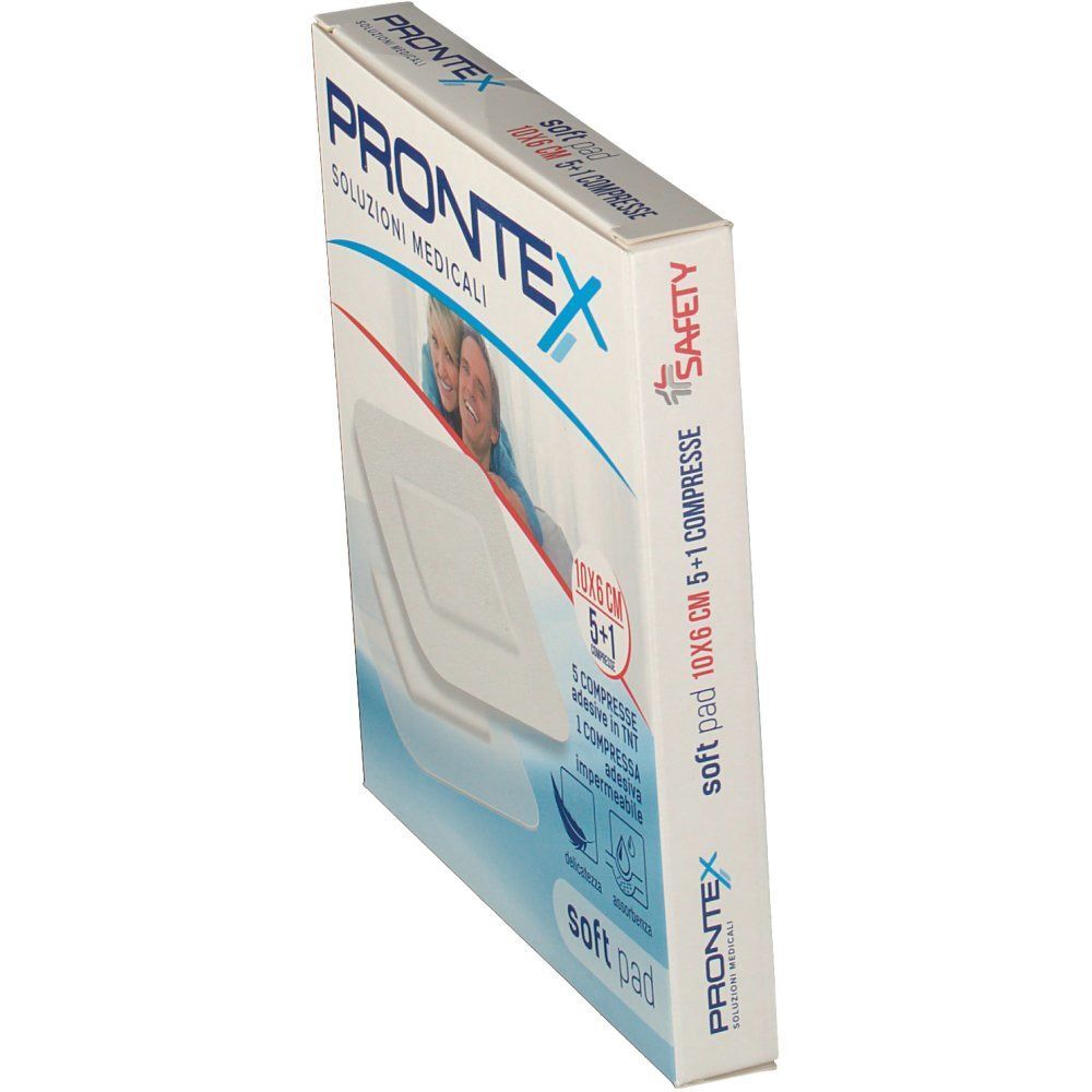 Compressa Prontex Soft Pad, 10x6 cm, 5+1 pezzi. Vista laterale della confezione con informazioni sul prodotto.