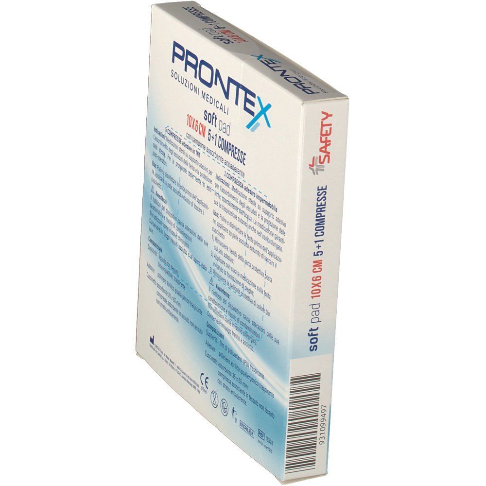 Compressa Prontex Soft Pad, 10x6 cm, 5+1 pezzi. Vista laterale della confezione con informazioni sul prodotto e codice a barre.