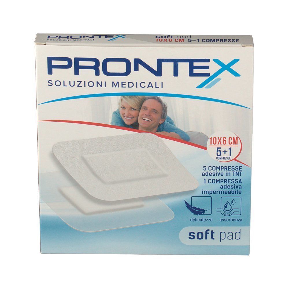 Compressa Prontex Soft Pad, 10x6 cm, 5+1 pezzi. Fronte della confezione mostra due compresse e caratteristiche del prodotto.