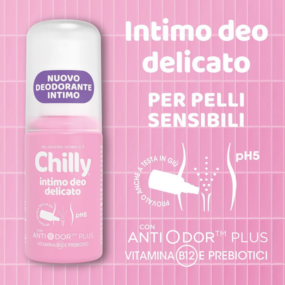 Flacone Chilly Intimo Deo Delicato con testo 'Per pelli sensibili' e simbolo pH5.