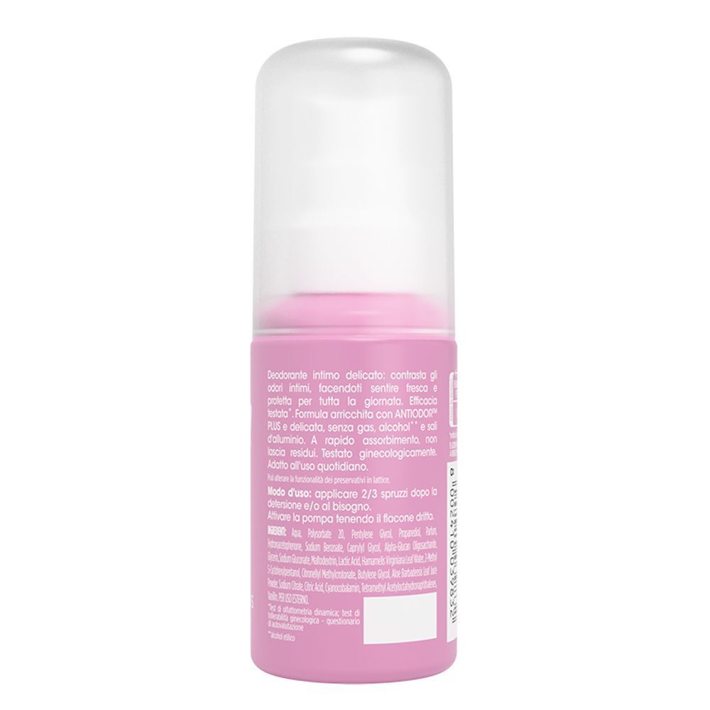 Retro di un flacone rosa Chilly Intimo Deo Delicato con istruzioni per l'uso.
