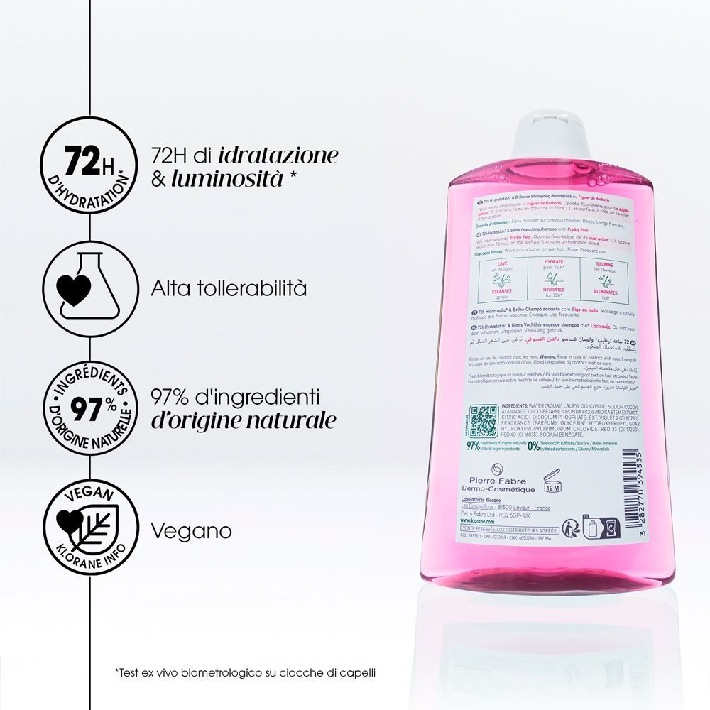 Shampoo Klorane: 72h idratazione, alta tollerabilità, 97% ingredienti naturali, vegano.