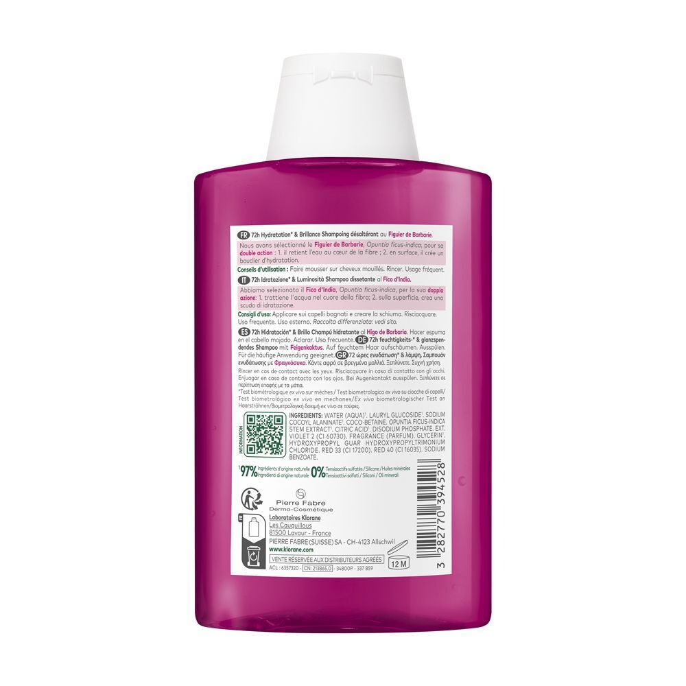 Retro di una bottiglia di shampoo Klorane con elenco ingredienti e certificazioni.