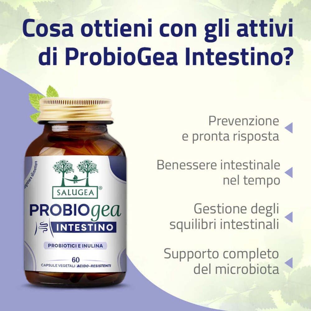 Un flacone di Salugea ProbioGea Intestino con testo sulla salute intestinale.