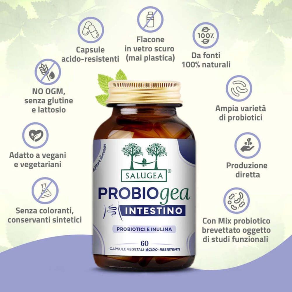 Un flacone di Salugea ProbioGea Intestino con icone su ingredienti e caratteristiche.