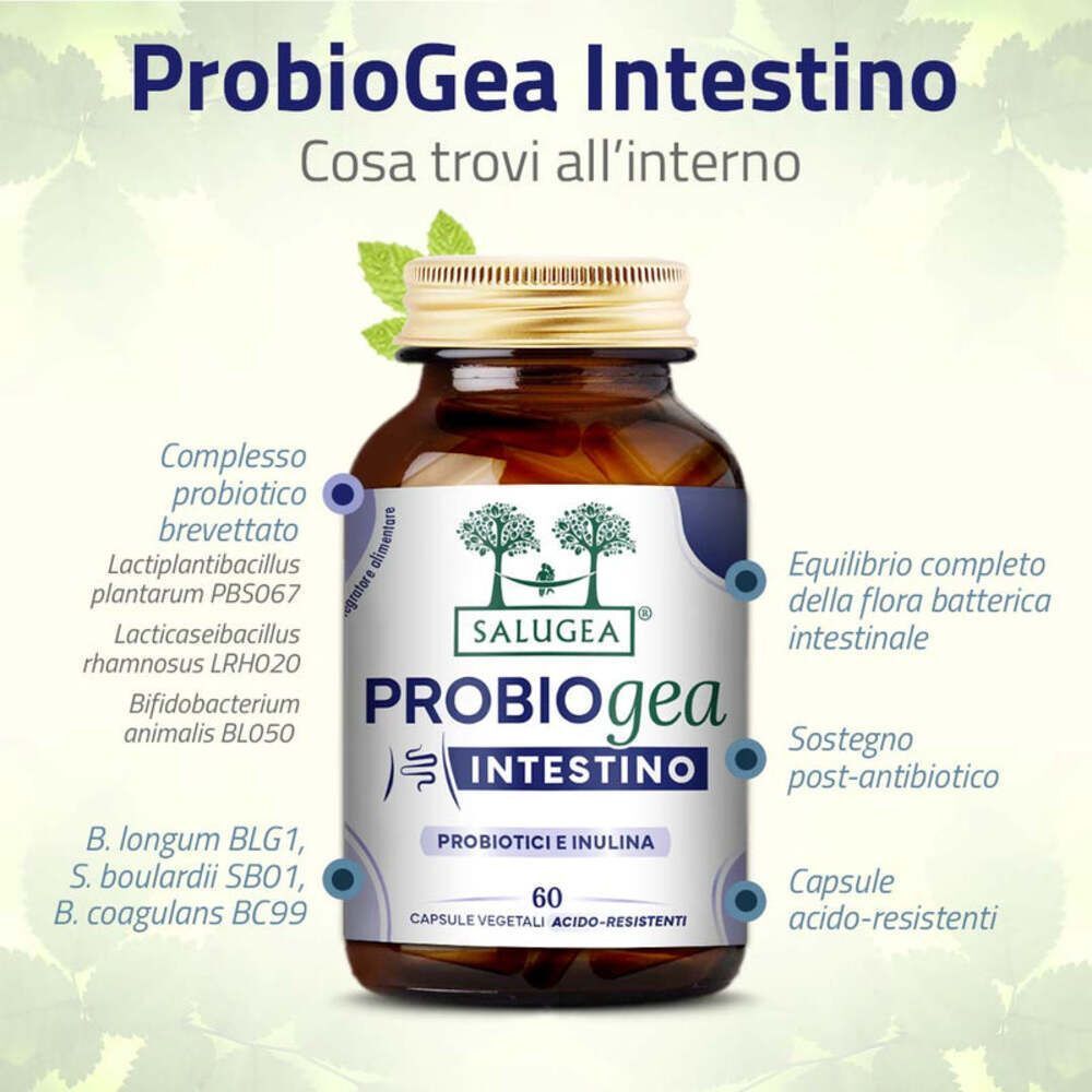 Un flacone di Salugea ProbioGea Intestino con informazioni dettagliate sui ceppi probiotici e sui benefici.