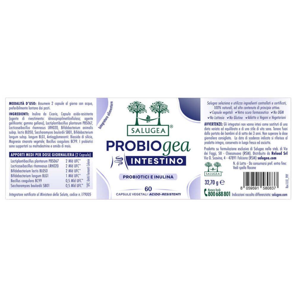 Retro di un flacone Salugea ProbioGea Intestino con informazioni dettagliate su ingredienti, uso e valori nutrizionali.