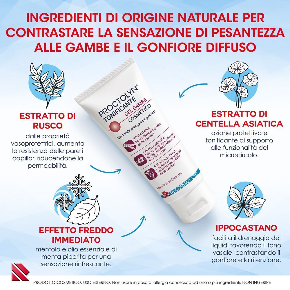 Tubetto di Proctolyn Tonificante Gel Gambe Cosmetico con ingredienti naturali.