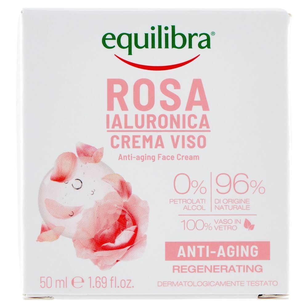 Confezione della crema viso anti-aging Equilibra® Rosa Ialuronica con motivo floreale.