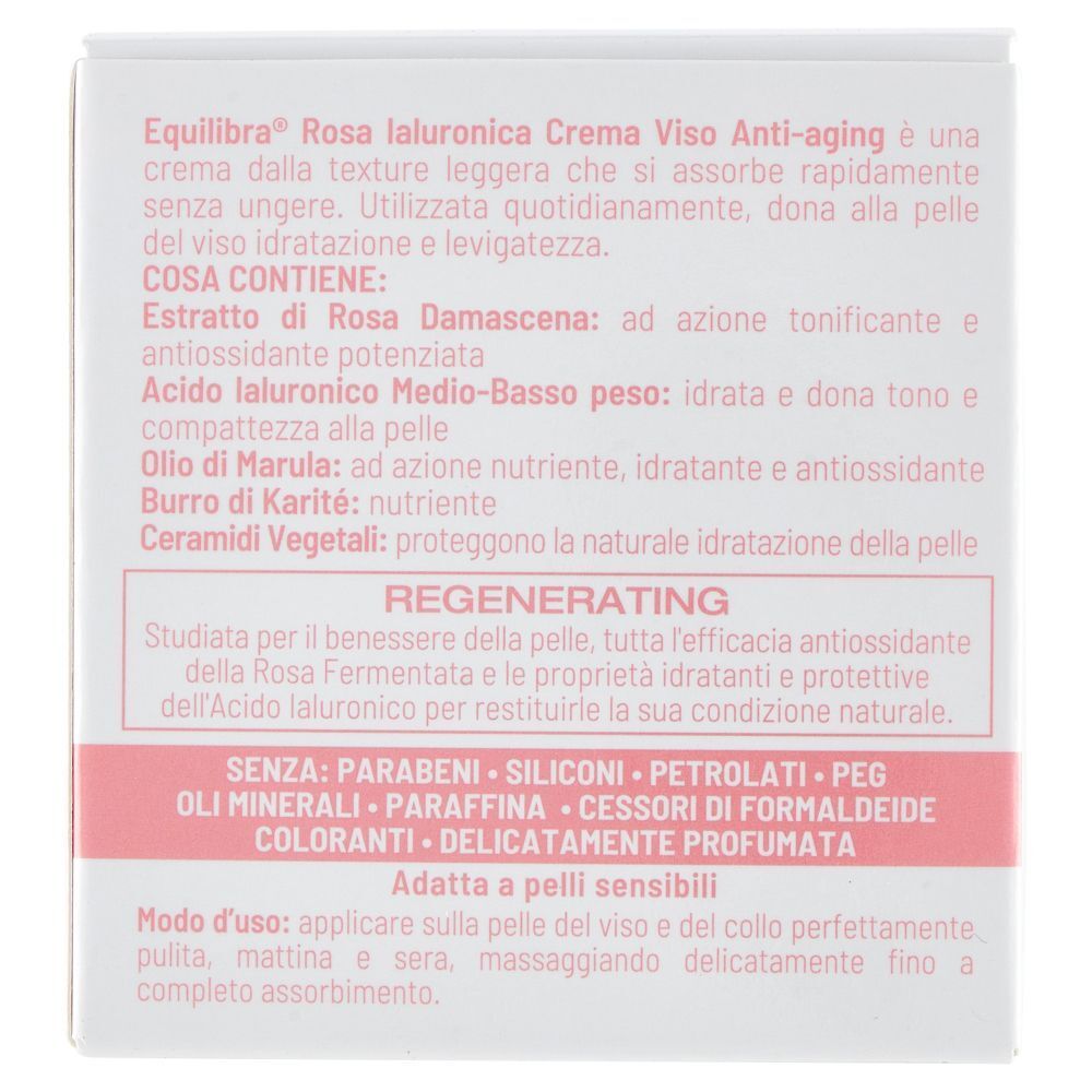 Retro della confezione della crema viso anti-aging Equilibra® Rosa Ialuronica con informazioni sul prodotto.