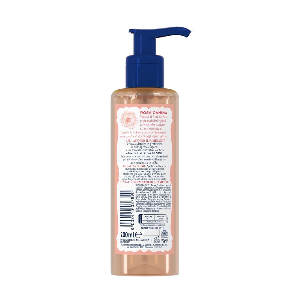 Retro di un flacone di Acqua alle Rose Gel Lavaviso Illuminante con ingredienti e istruzioni.
