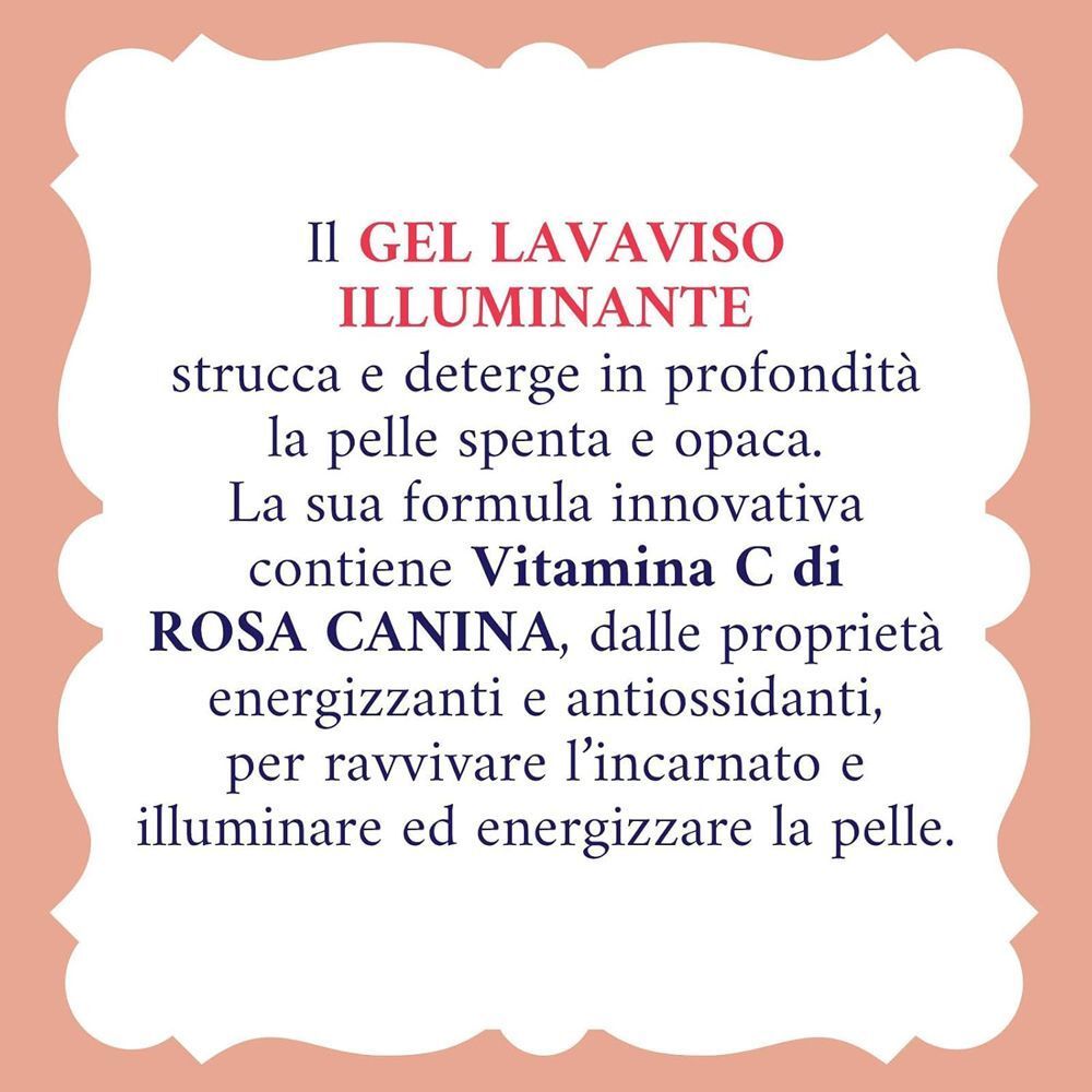 Informazioni testuali sul Gel Lavaviso Illuminante Acqua alle Rose, la sua formula e i benefici.