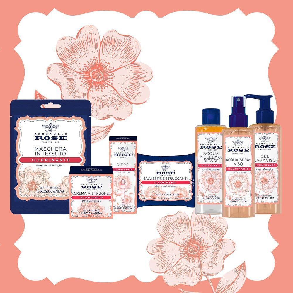 Panoramica dei prodotti della linea Acqua alle Rose Illuminante, inclusi maschera, siero, crema e spray.
