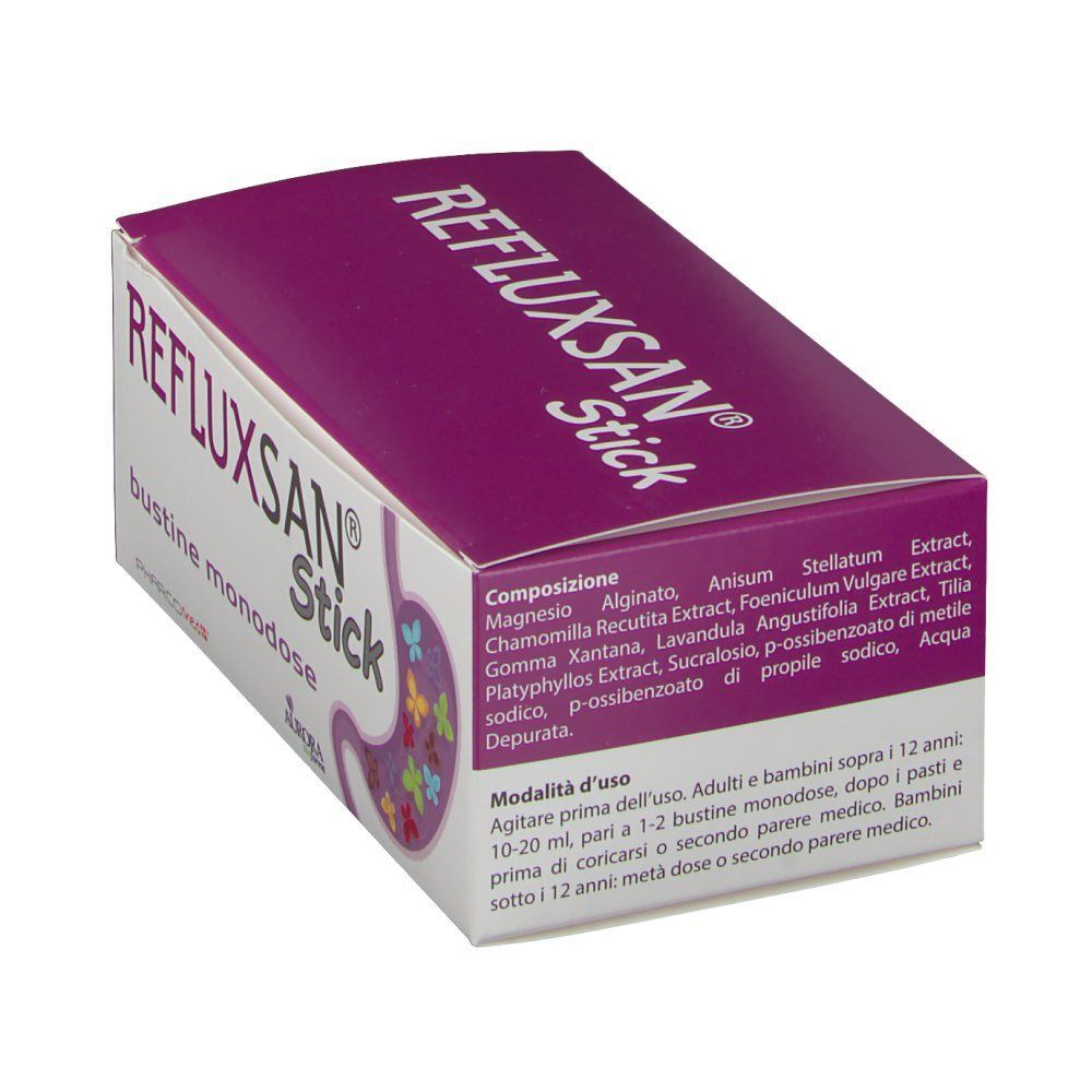 Una scatola di Refluxsan Stick Bustine con elenco ingredienti e modalità d'uso.