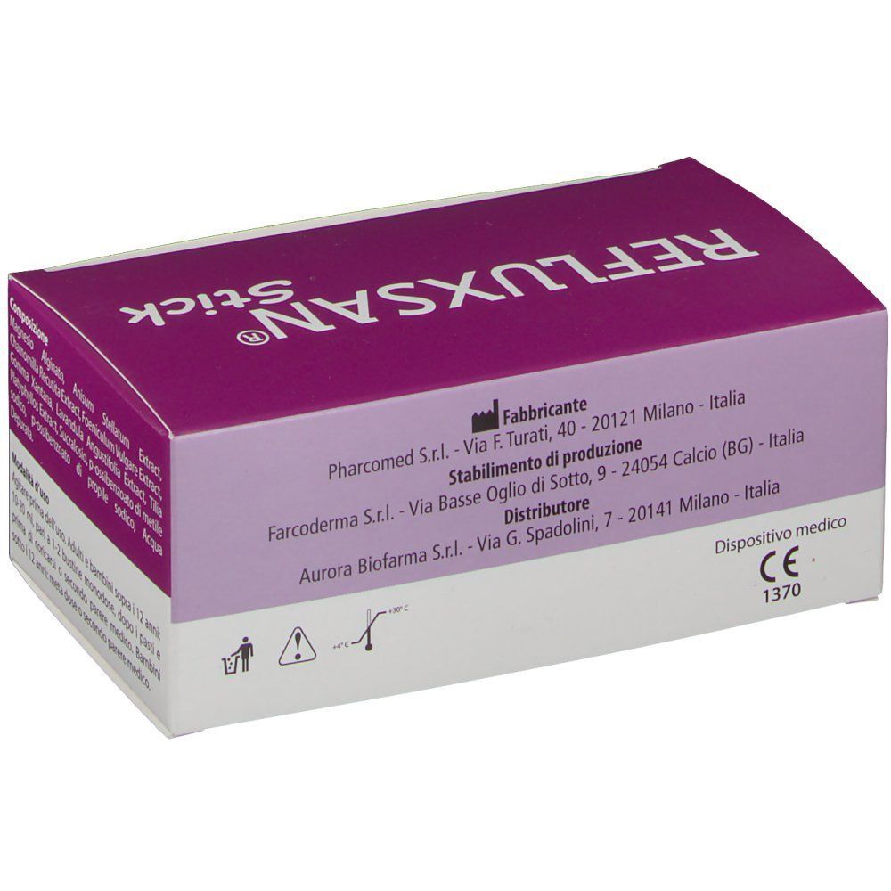Retro di una scatola Refluxsan® Stick Bustine con dati del produttore e marcatura CE.