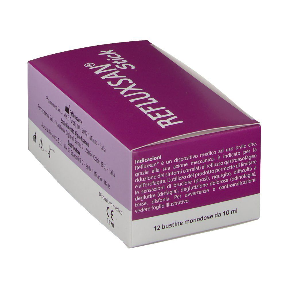 Lato di una scatola Refluxsan® Stick Bustine con indicazioni e marcatura CE.