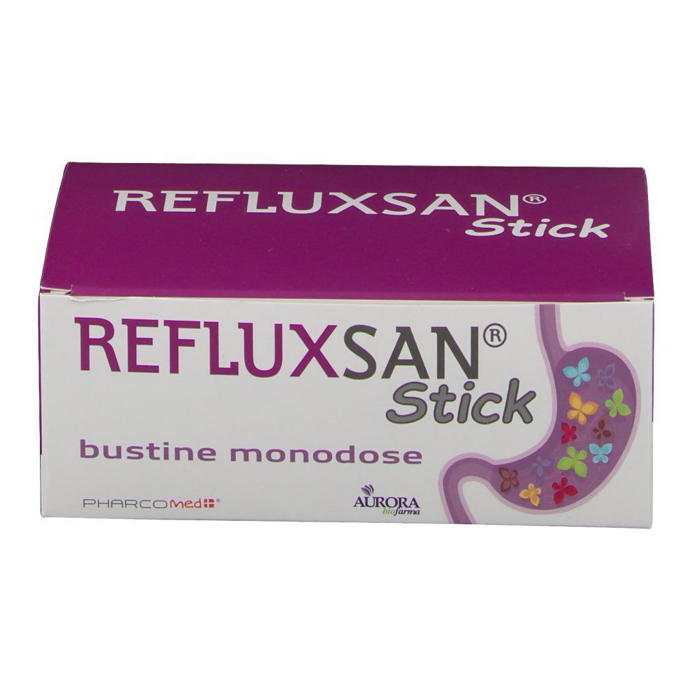 Una scatola di Refluxsan® Stick Bustine, monodose per lo stomaco.