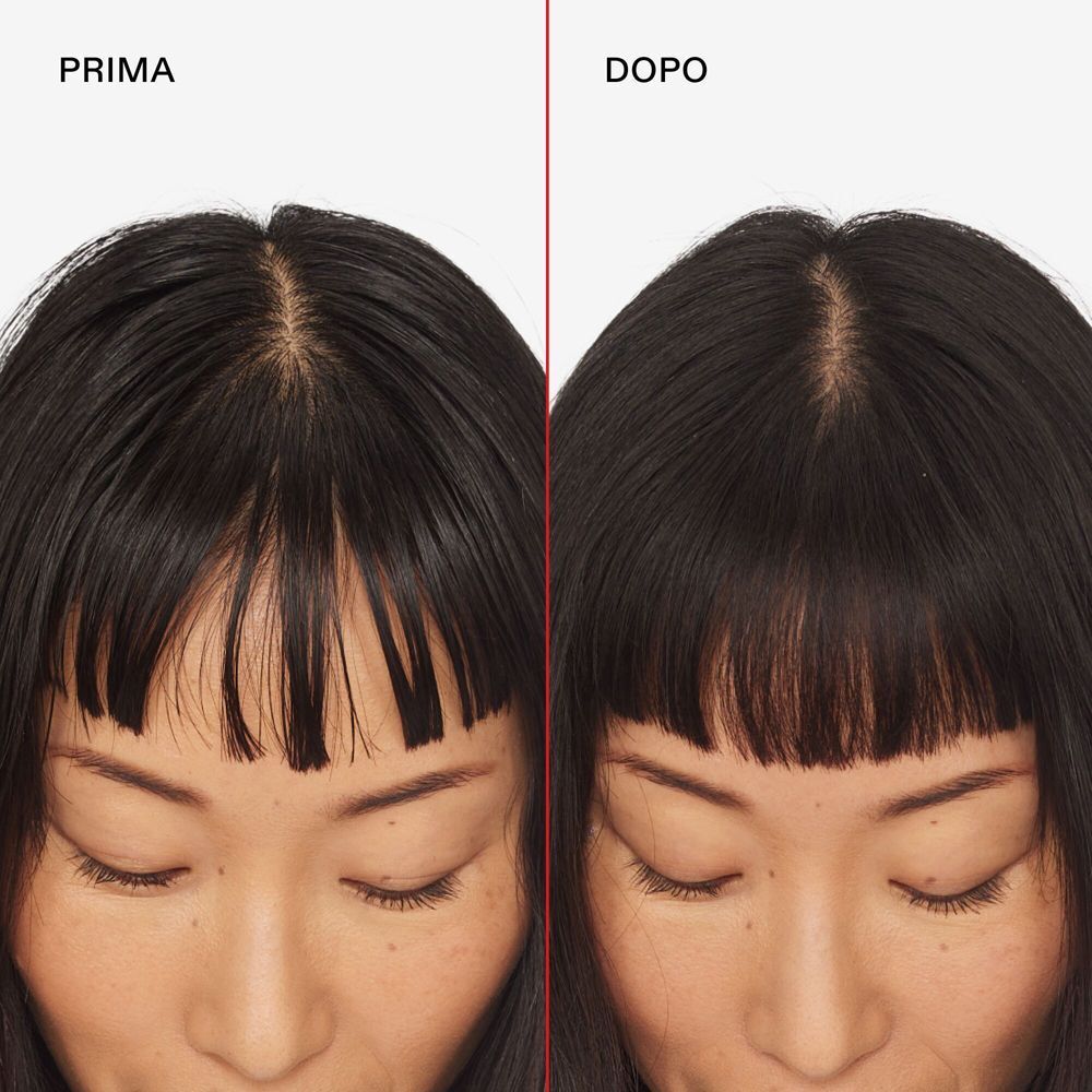Confronto prima e dopo di capelli scuri trattati con Olaplex N4D Clean Volume Detox.