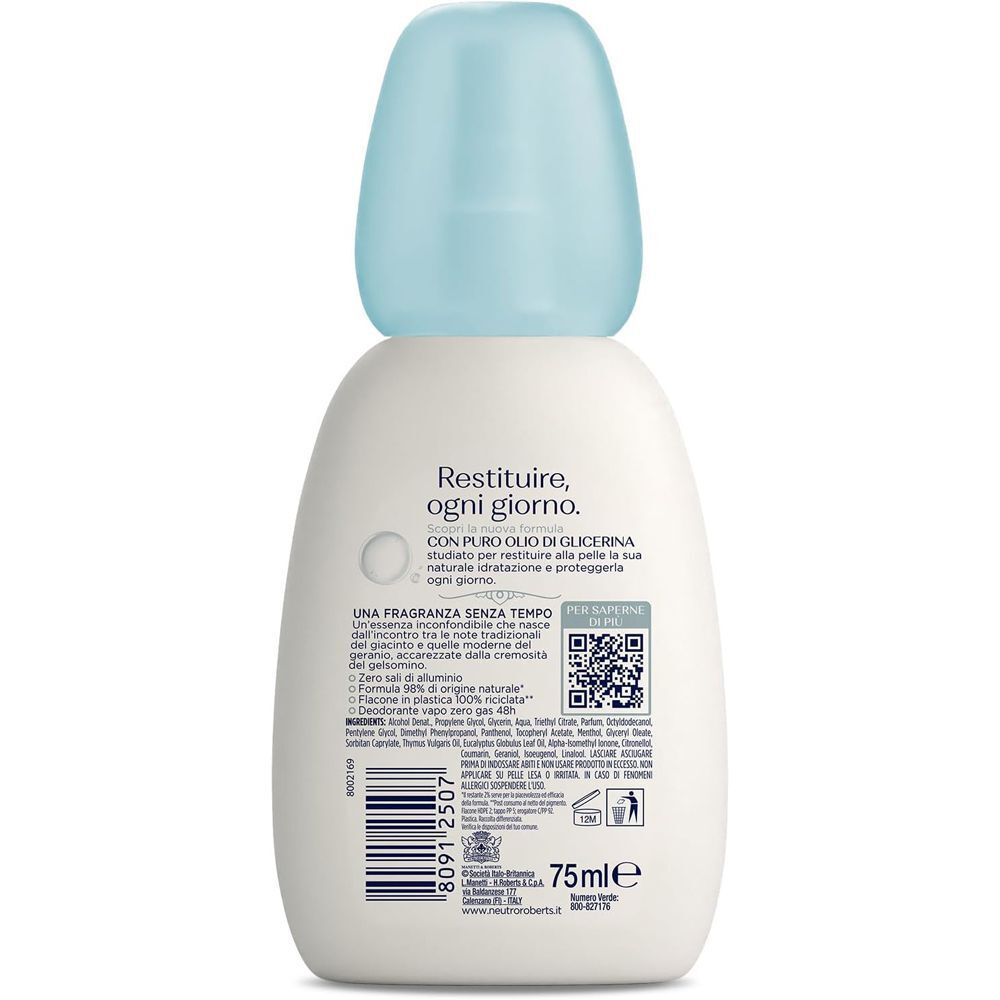 Retro del deodorante Neutro Roberts Fresco Classico. 75ml. Contiene olio di glicerina. Flacone 100% riciclabile.