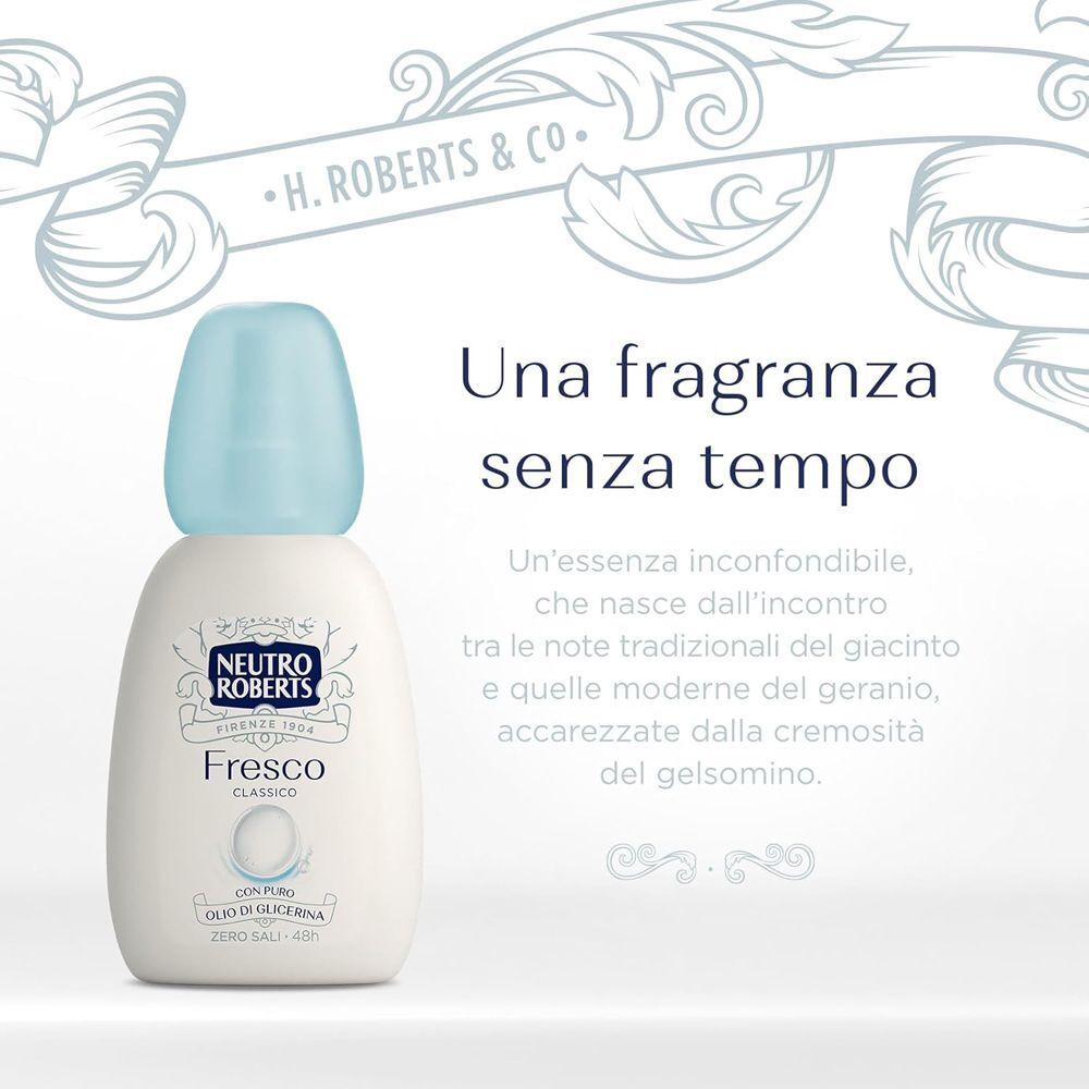 Deodorante Neutro Roberts Fresco Classico con tappo azzurro. "Una fragranza senza tempo".