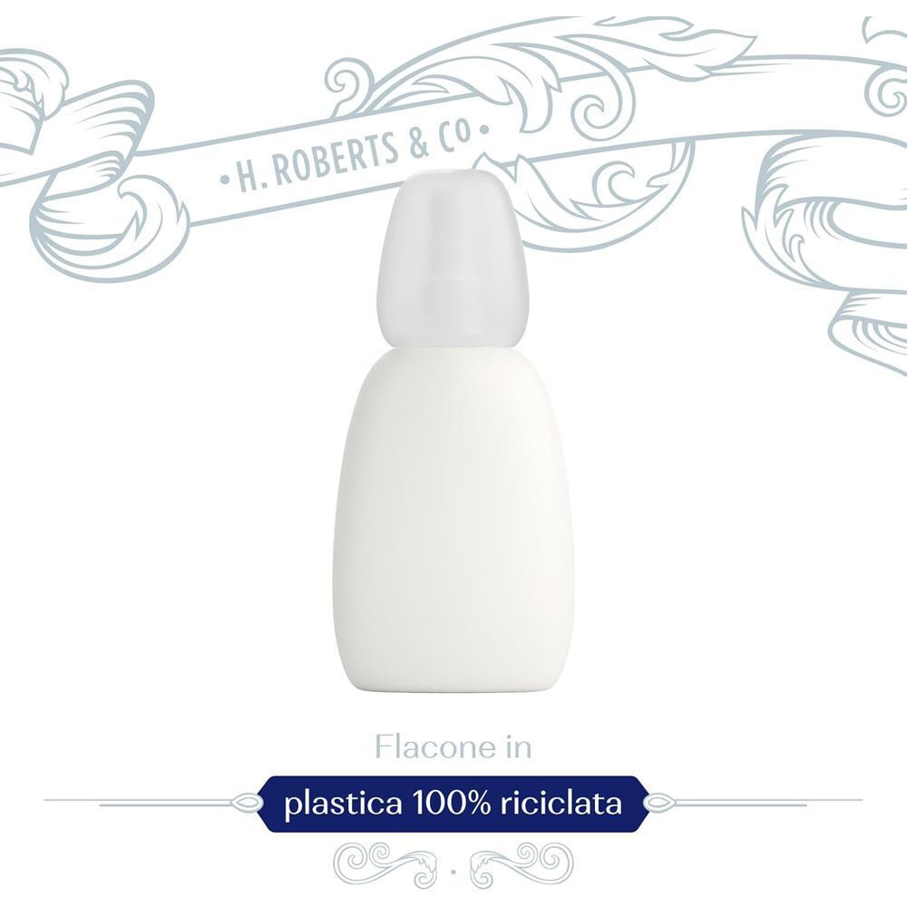 Flacone bianco con tappo azzurro, 'Flacone in plastica 100% riciclata'.