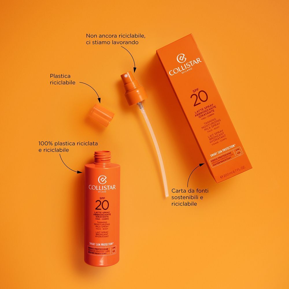 Un flacone spray arancione Collistar Latte Spray Abbronzante Idratante SPF 20 smontato con confezione.