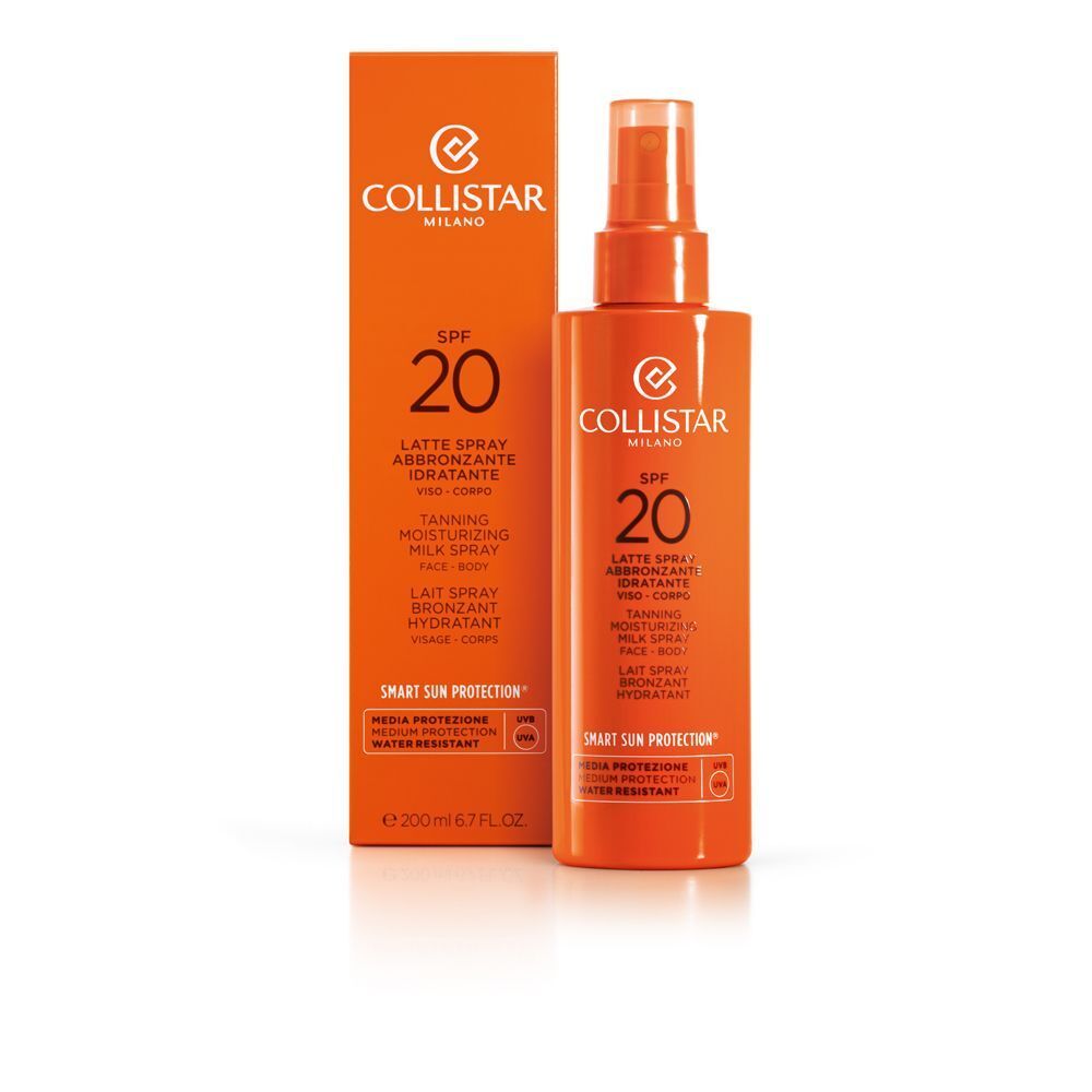 Flacone spray e confezione arancioni con latte solare SPF 20.