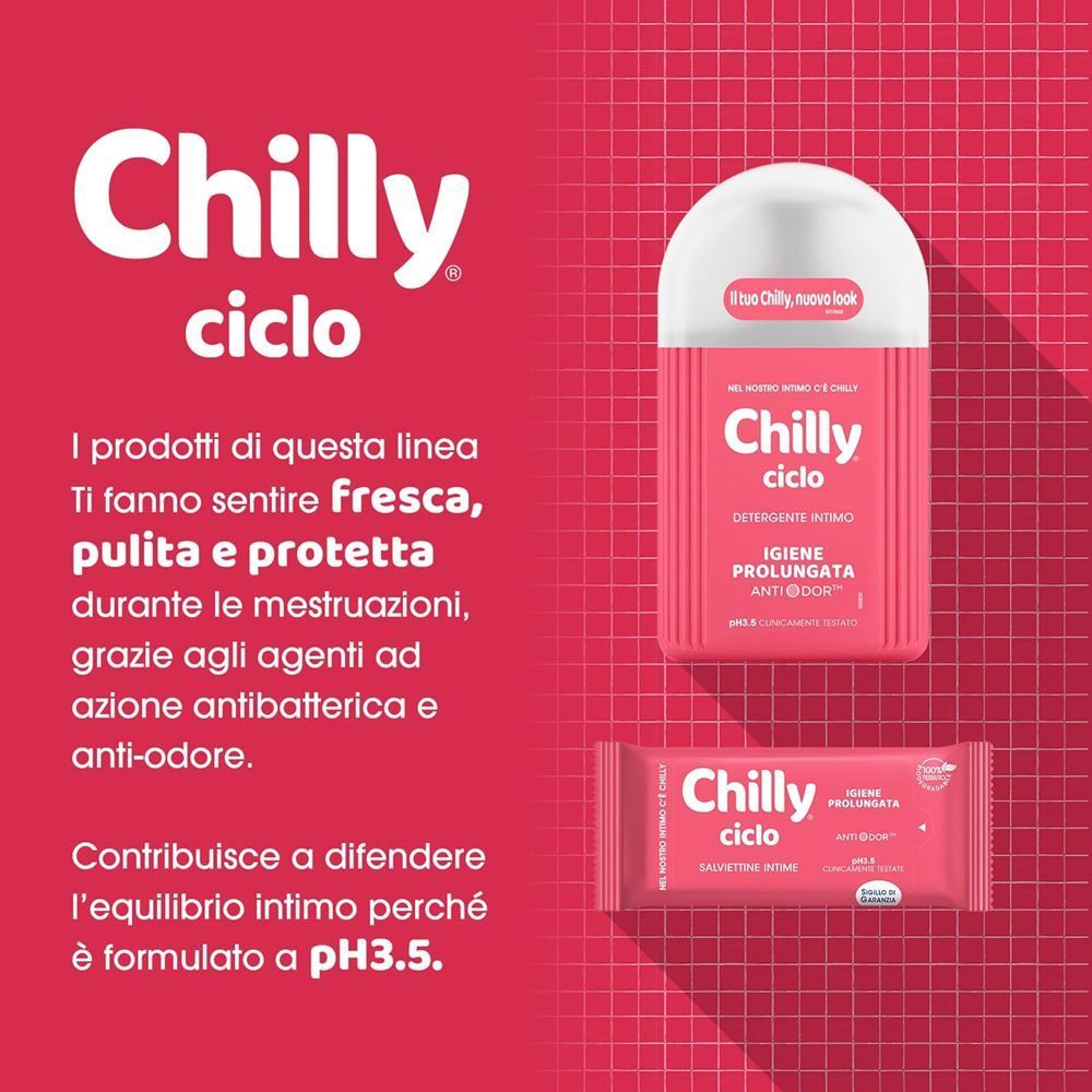 Presentazione prodotto con salviettine intime Chilly Ciclo e un dispenser.