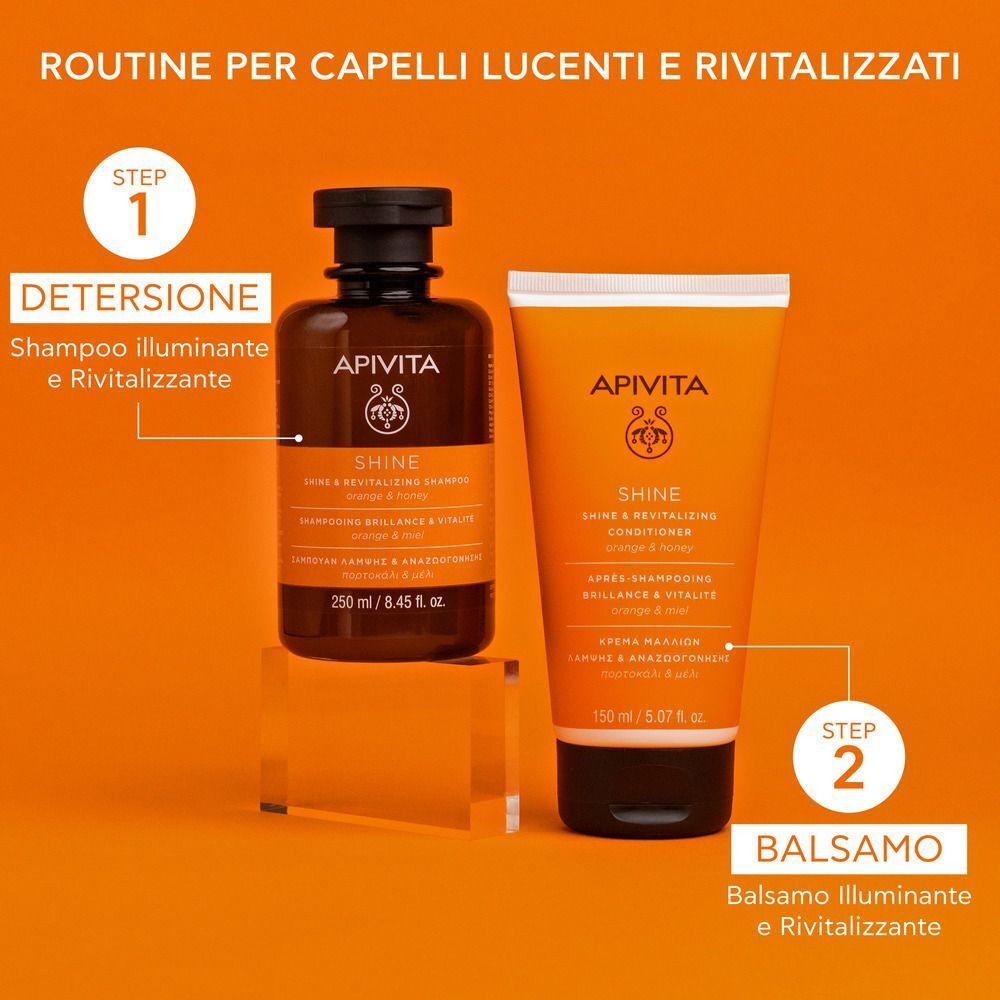 Shampoo e balsamo APIVITA SHINE per capelli luminosi.