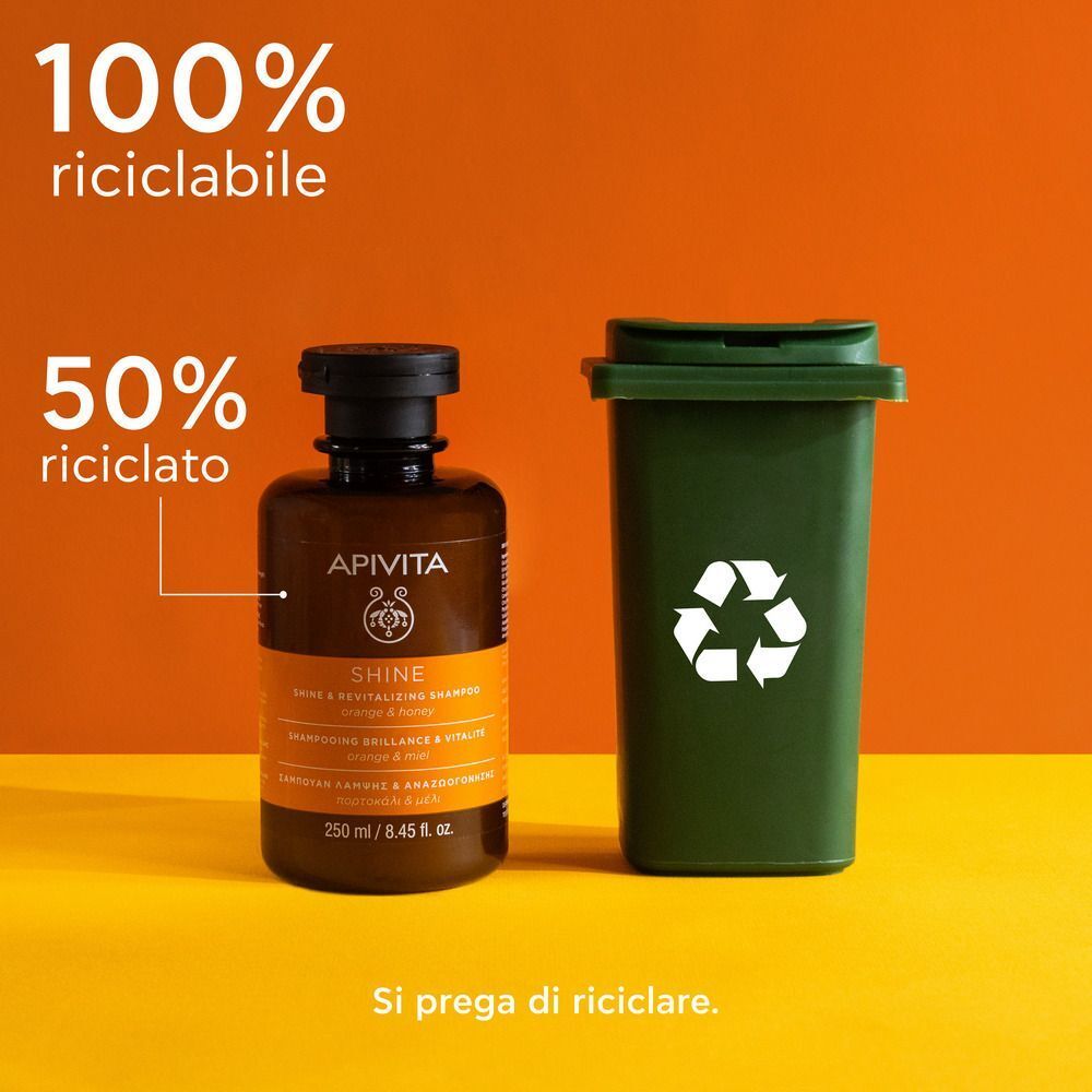 Shampoo APIVITA SHINE: 100% riciclabile, 50% riciclato.