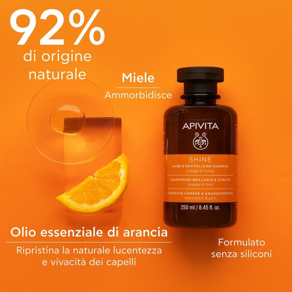Shampoo APIVITA SHINE: 92% ingredienti naturali, olio d'arancia, miele.