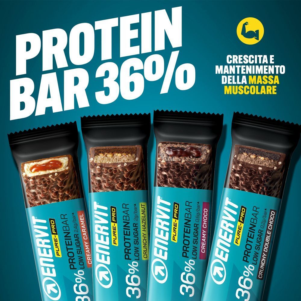Quattro barrette proteiche ENERVIT: Crunchy Hazelnut, Creamy Caramel, Double Choco.