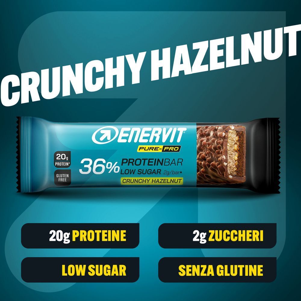 Barretta proteica ENERVIT Crunchy Hazelnut: 20g proteine, 2g zuccheri, basso contenuto di zuccheri, senza glutine.
