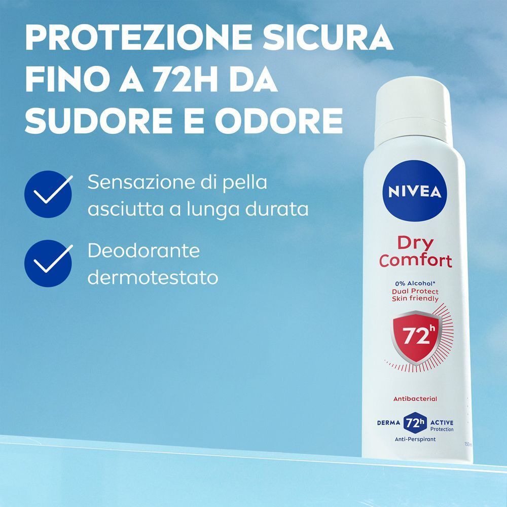 Deodorante spray Nivea Dry Comfort, protezione 72h, antibatterico, 0% alcol, delicato sulla pelle.