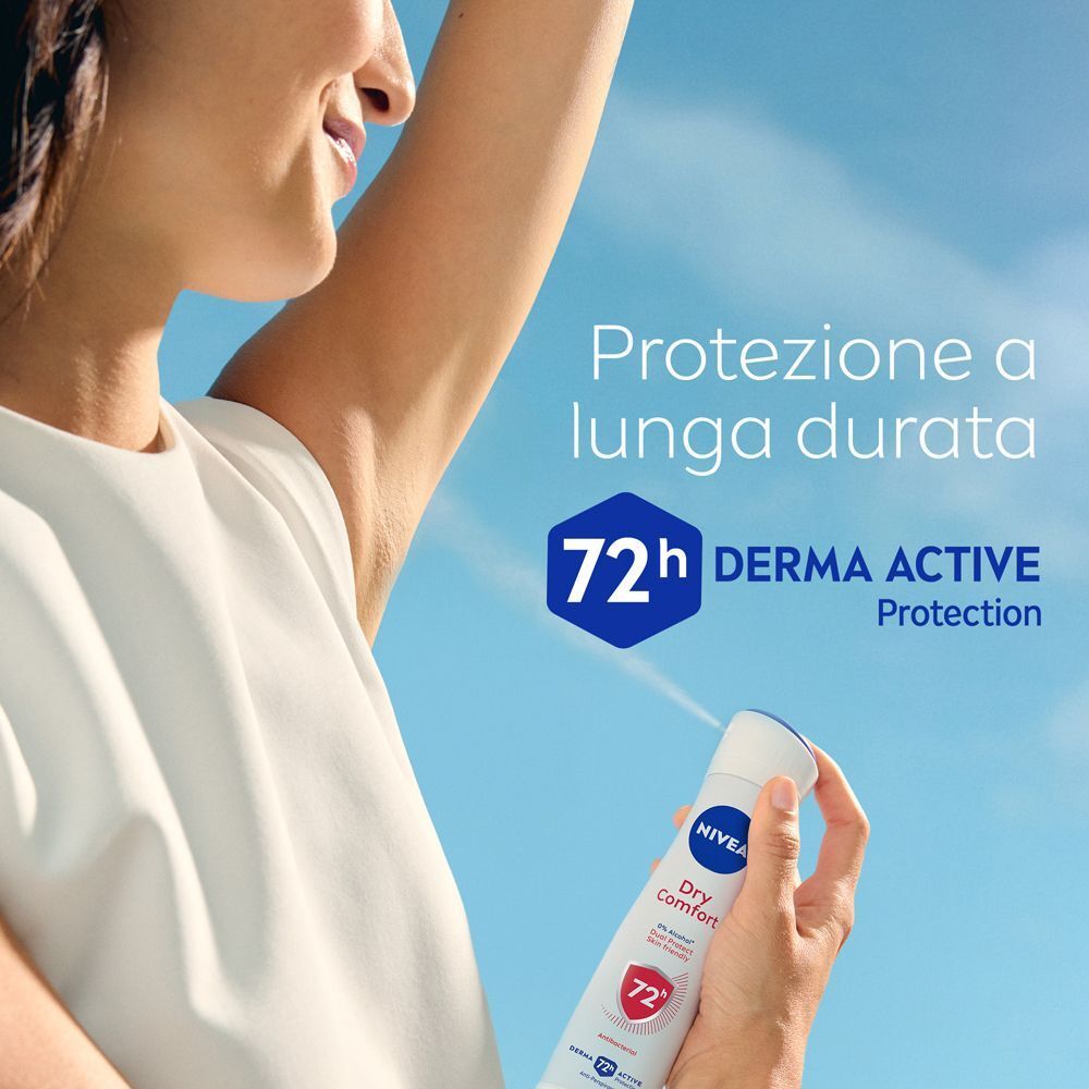 Deodorante spray Nivea Dry Comfort in uso, protezione attiva Derma 72h.