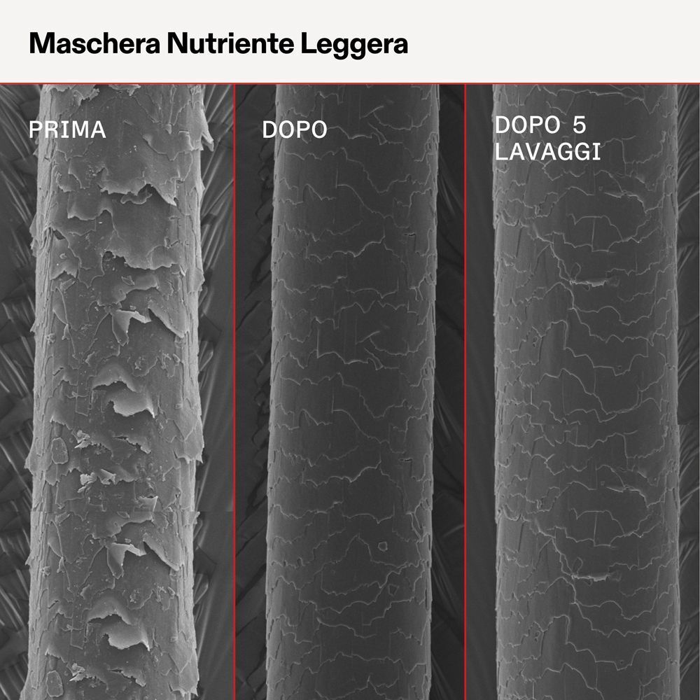 Immagini al microscopio elettronico a scansione di capelli prima, durante e dopo il trattamento.