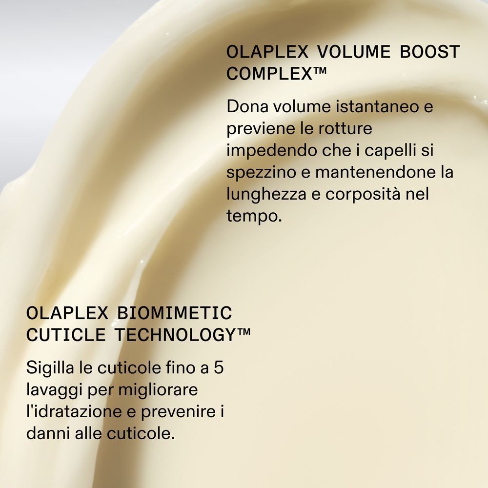 Testo su Olaplex Volume Boost Complex e Olaplex Biometic Cuticle Technology.