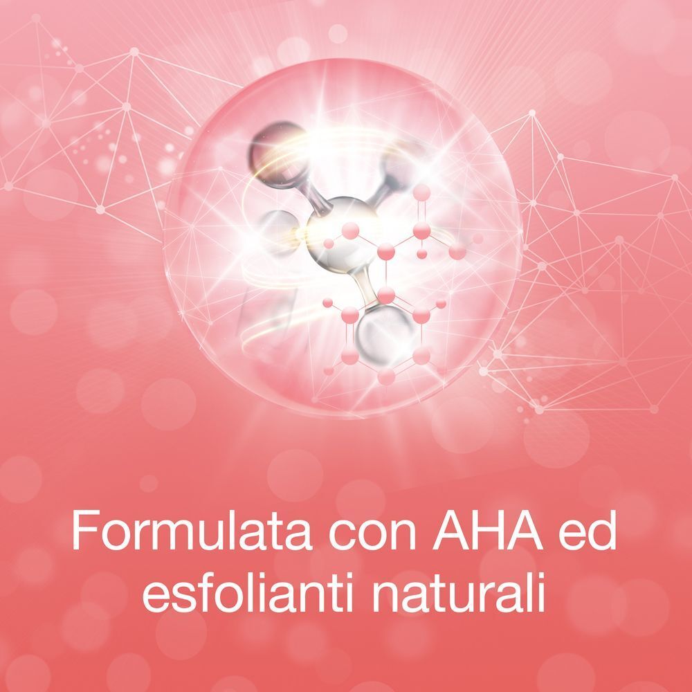 Grafica della struttura molecolare che evidenzia la formulazione con AHA ed esfolianti naturali.