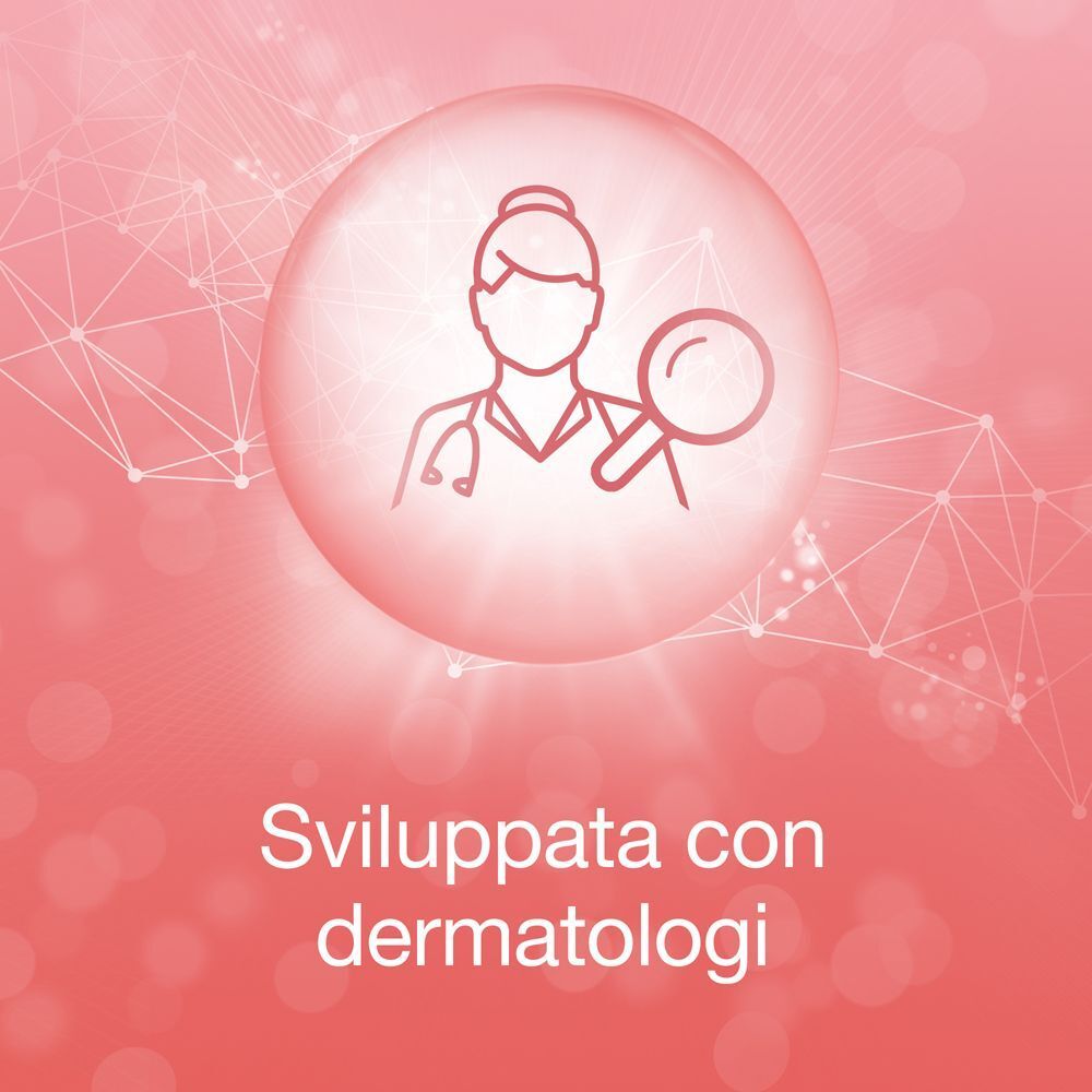 Grafica di una dermatologa con lente d'ingrandimento, che rappresenta lo sviluppo dermatologico della crema.