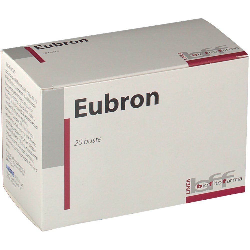 Confezione di Eubron Bustine, bianca con striscia rossa e la scritta '20 buste'.