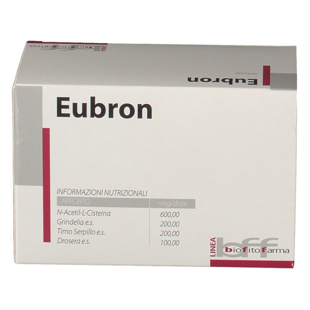 Confezione di Eubron con informazioni nutrizionali per N-Acetil-L-Cisteina, Grindelia e Timo Serpillo.