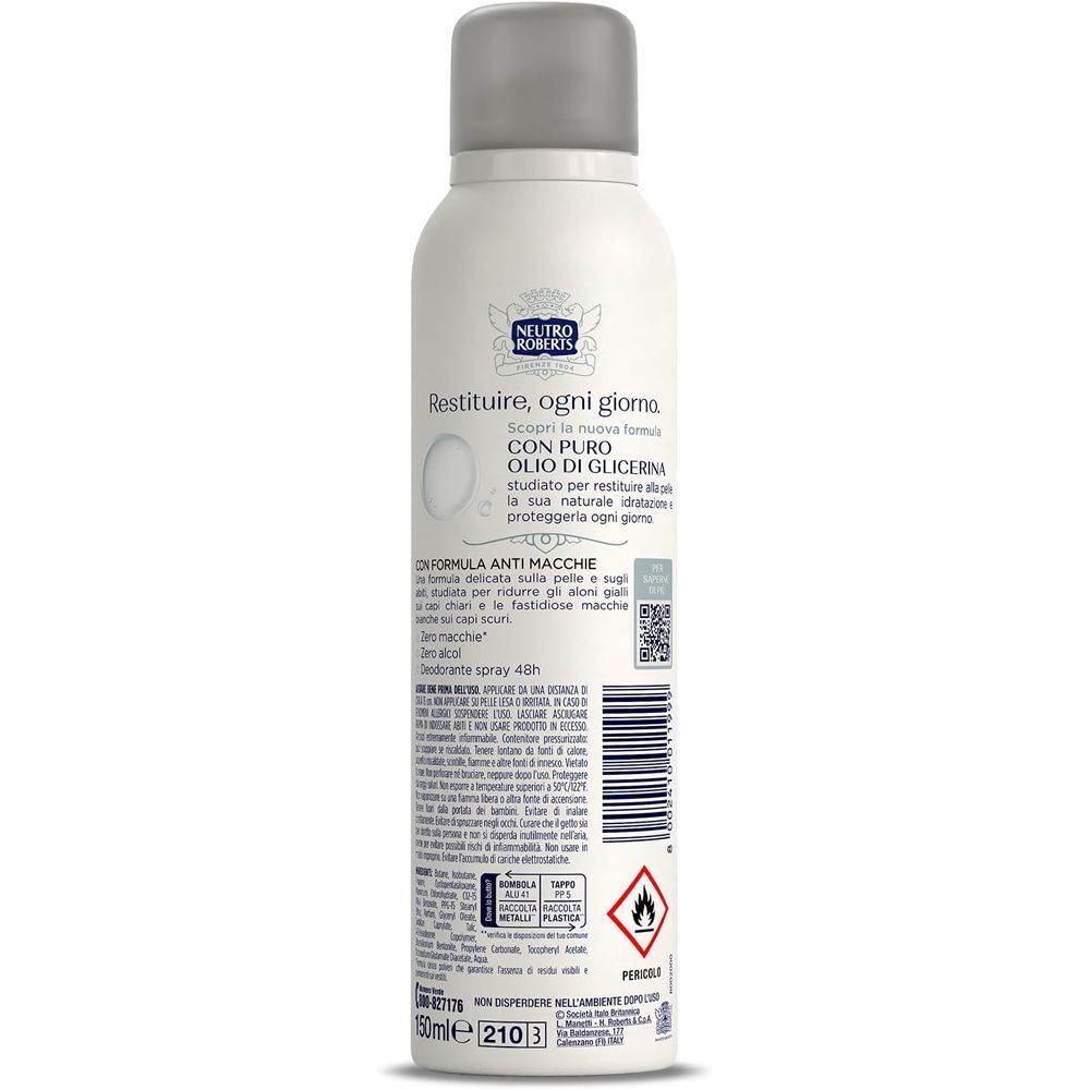 Retro di un flacone spray bianco, Neutro Roberts Invisibile, con informazioni sul prodotto.
