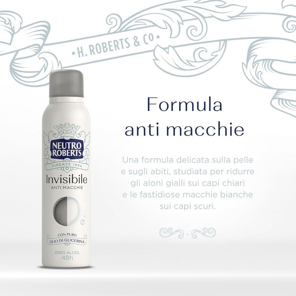 Bomboletta spray bianca con tappo grigio, 'Neutro Roberts Invisibile Anti Macchie' e testo sulla formula anti macchie.