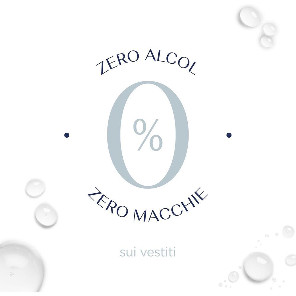 Grafica con 'Zero Alcol' e 'Zero Macchie sui vestiti' e gocce d'acqua.
