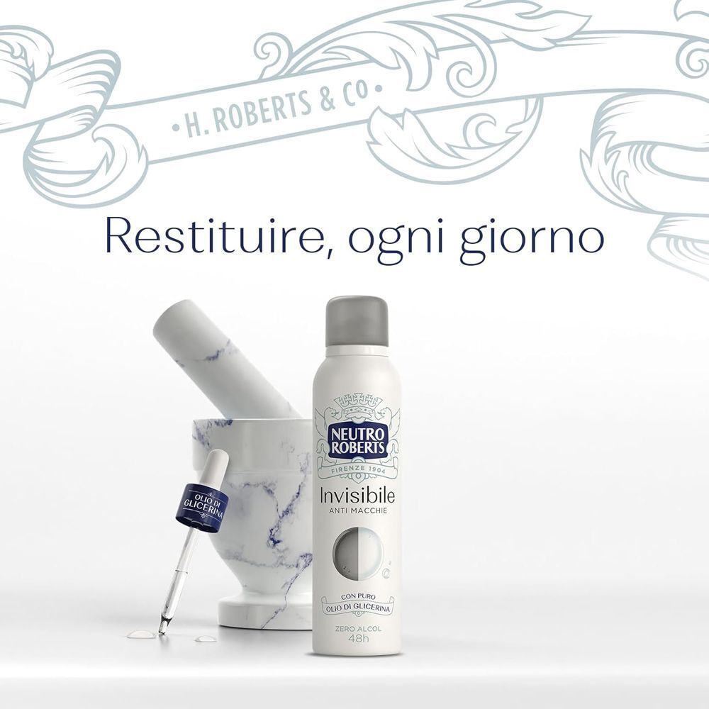 Bomboletta spray Neutro Roberts accanto a mortaio e pestello con contagocce, con testo 'Restituire, ogni giorno'.
