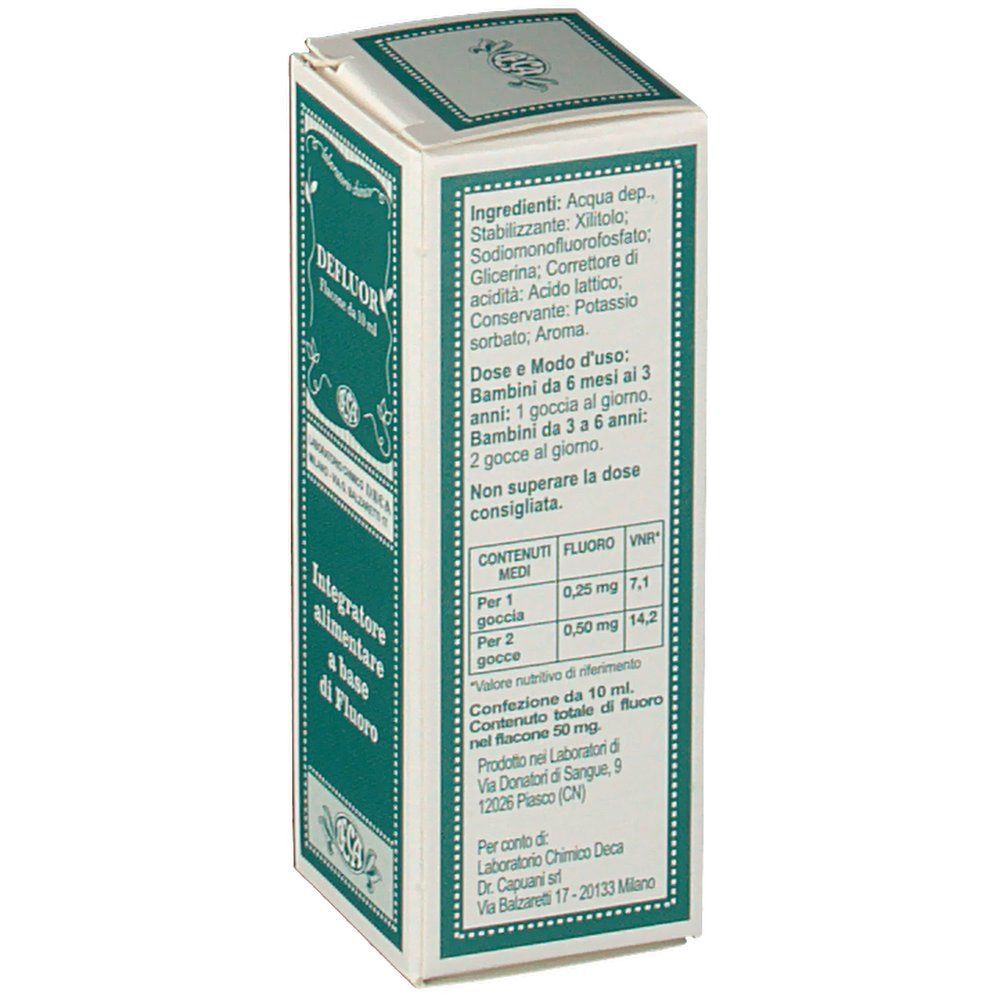 Retro di una scatola Deca Defluor Gocce con ingredienti e informazioni sul dosaggio.
